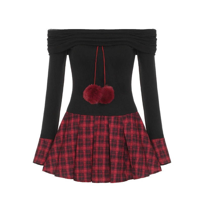 Off-the-shoulder Waist-cinched Figure-flattering Knitted Plaid Pleated Sexy Dress