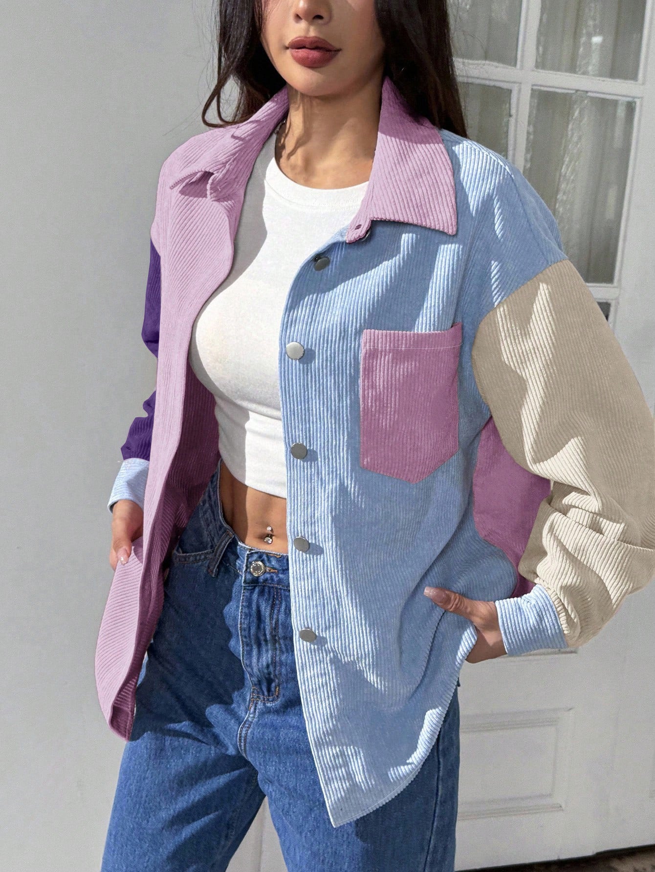 Commuting Style Linen-cotton Color Block Loose Fashionable Long Sleeve Shirt