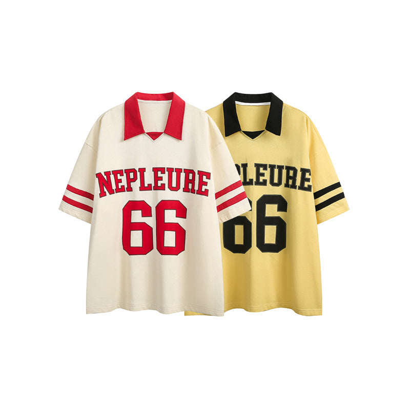 Preppy Style Stitching Contrast Color Short Sleeve Polo Shirt American Retro Jersey