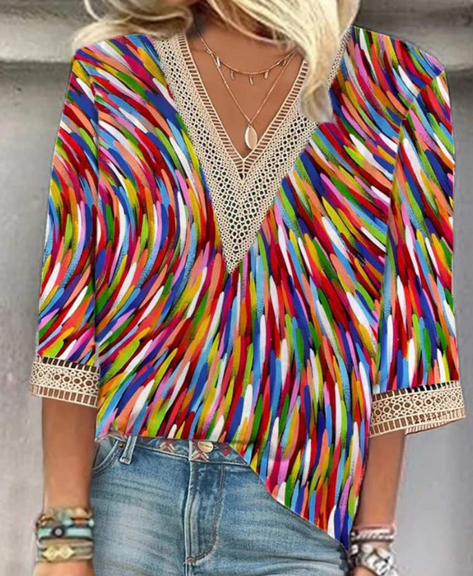 Women's Loose New Multi-color Floral Print Stitching Lace Mid-sleeve V-neck T-shirt