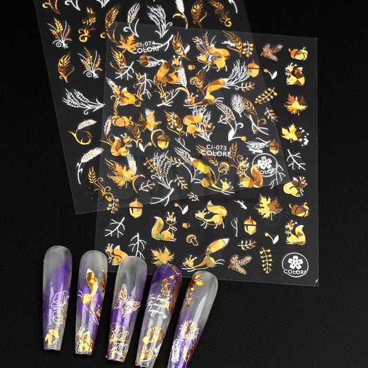 Nail Sticker Laser Golden Maple Leaf Letter Fan 3D