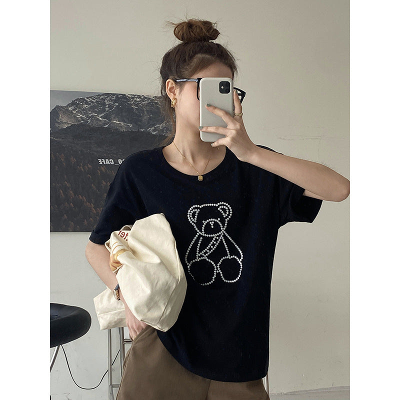 Women's Round Neck Loose Beaded Bear T-shirt