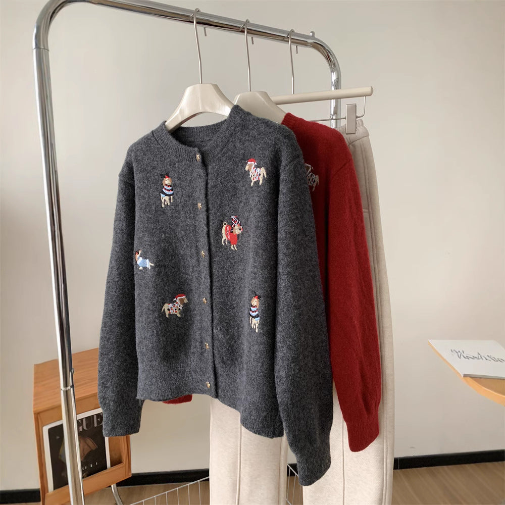 Women's Retro Machine Embroidery Christmas Red Puppy Knitted Sweater