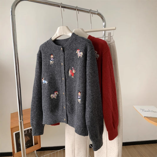 Women's Retro Machine Embroidery Christmas Red Puppy Knitted Sweater