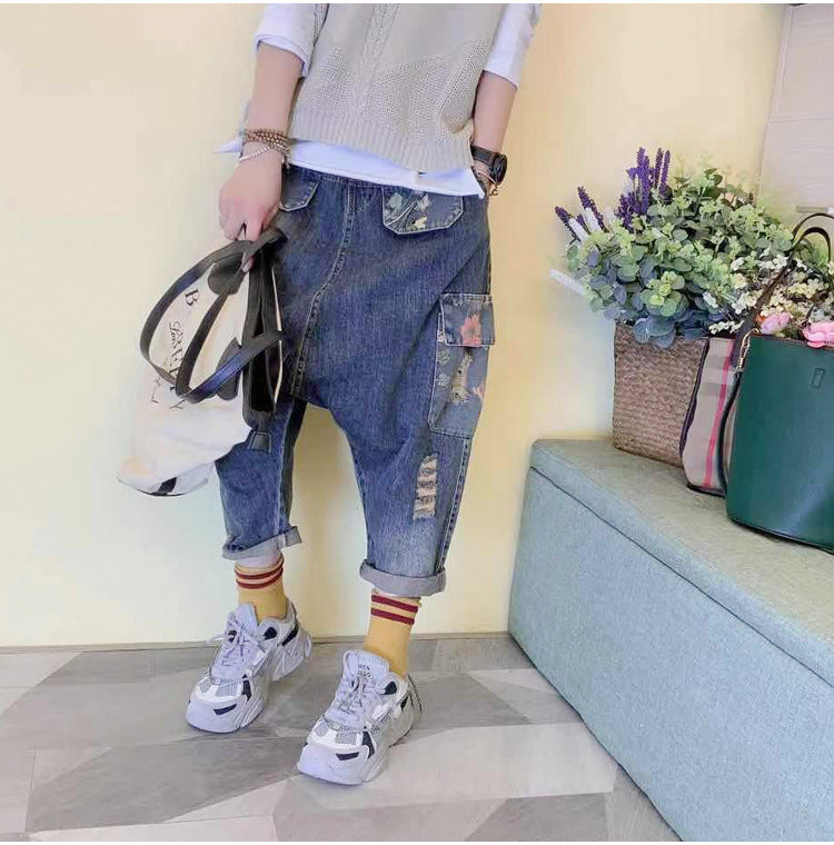 Multi-pocket Ripped Loose High Waist Plus Size Large Crotch Pants