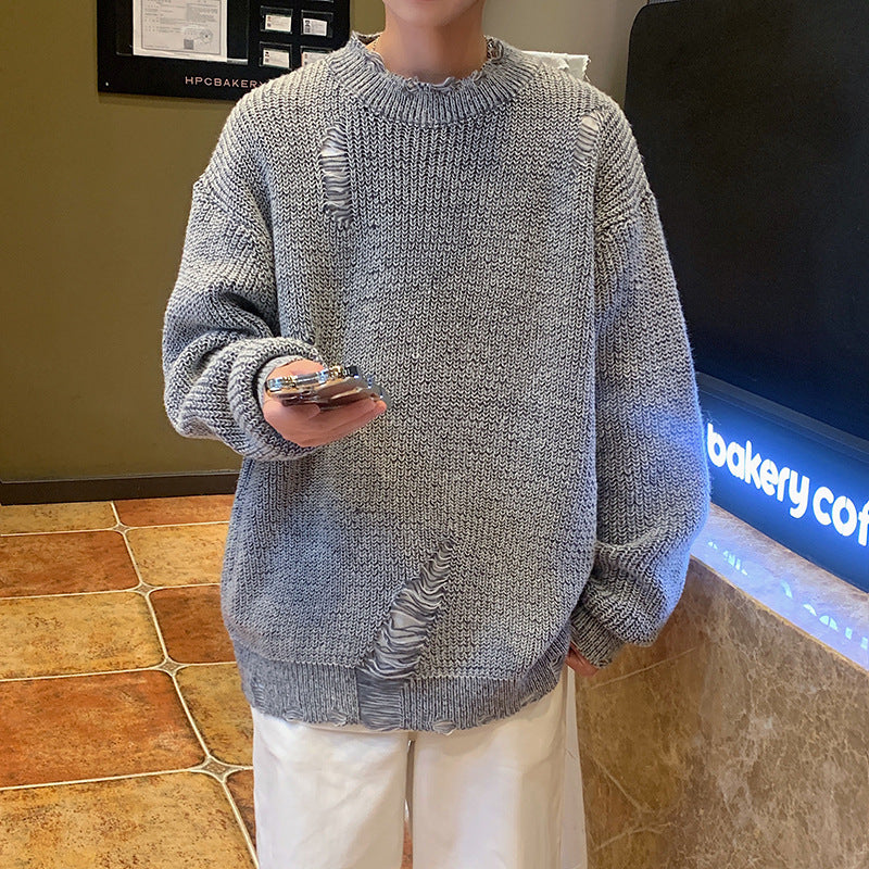 Ripped Round Neck Sweater Men Loose Street