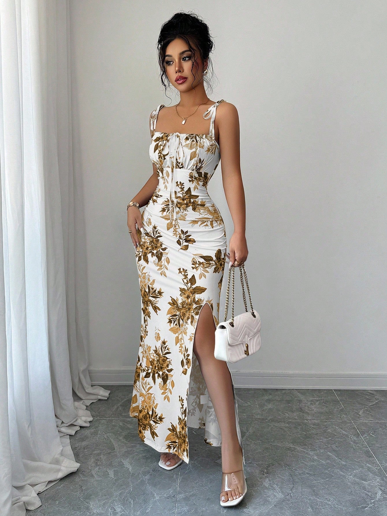 Printed Slip Dress, High-waisted Floral Maxi Dress