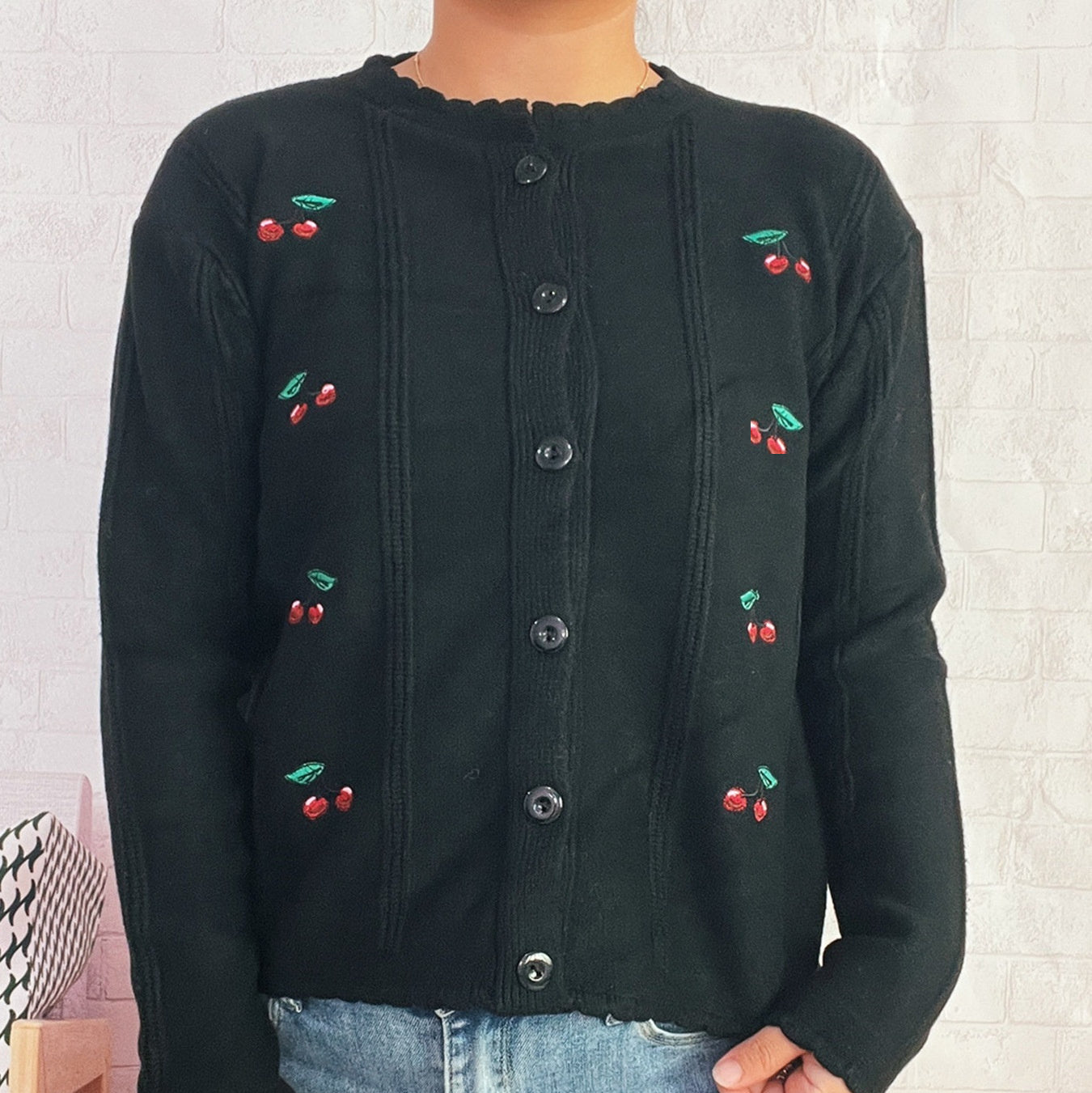 Kirsebærbroderet Sød Stil Bølget Rund Hals Enkeltradet Sweater Cardigan