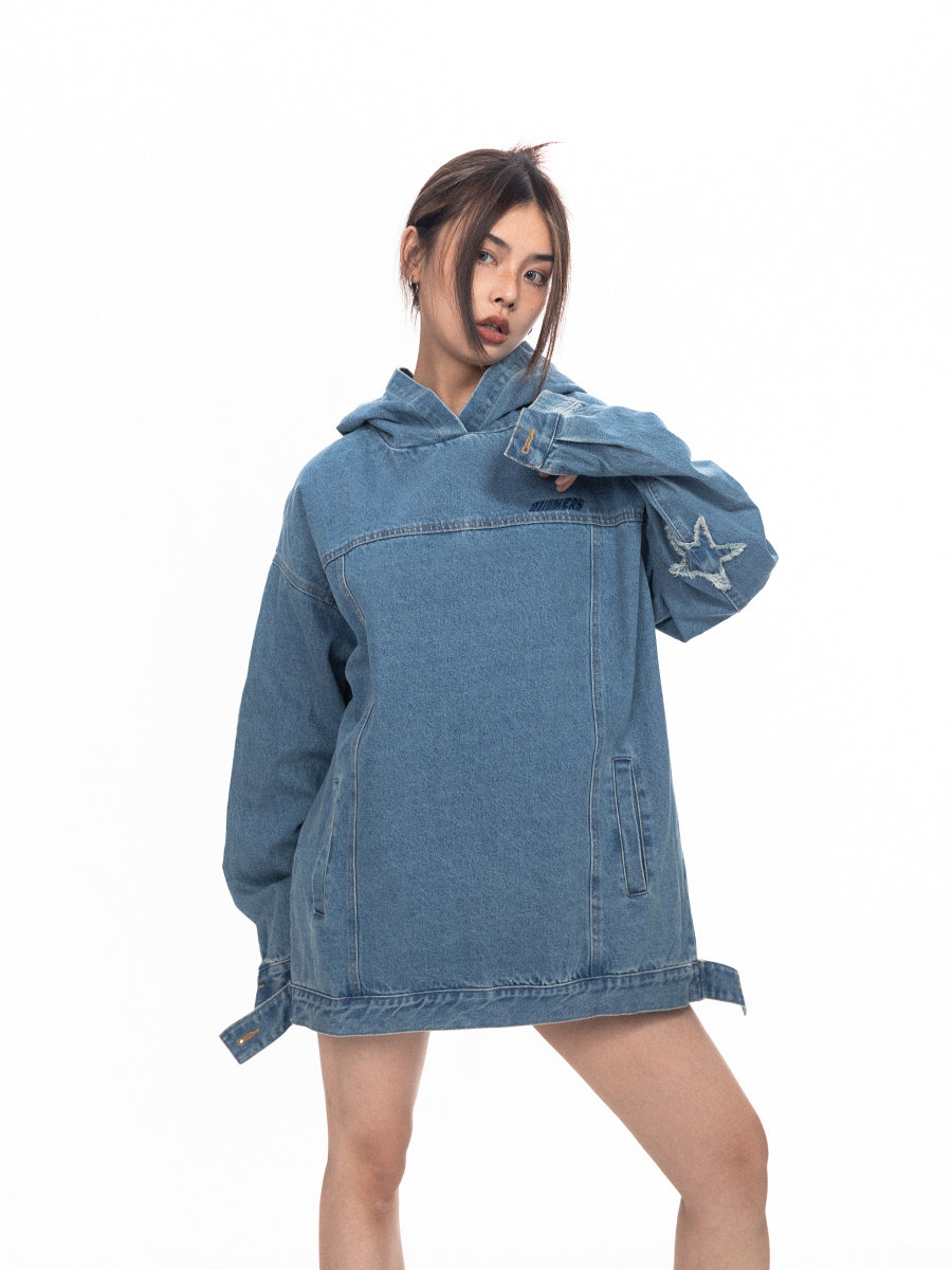 Retro Vasket Løs Hætte-Denimtop