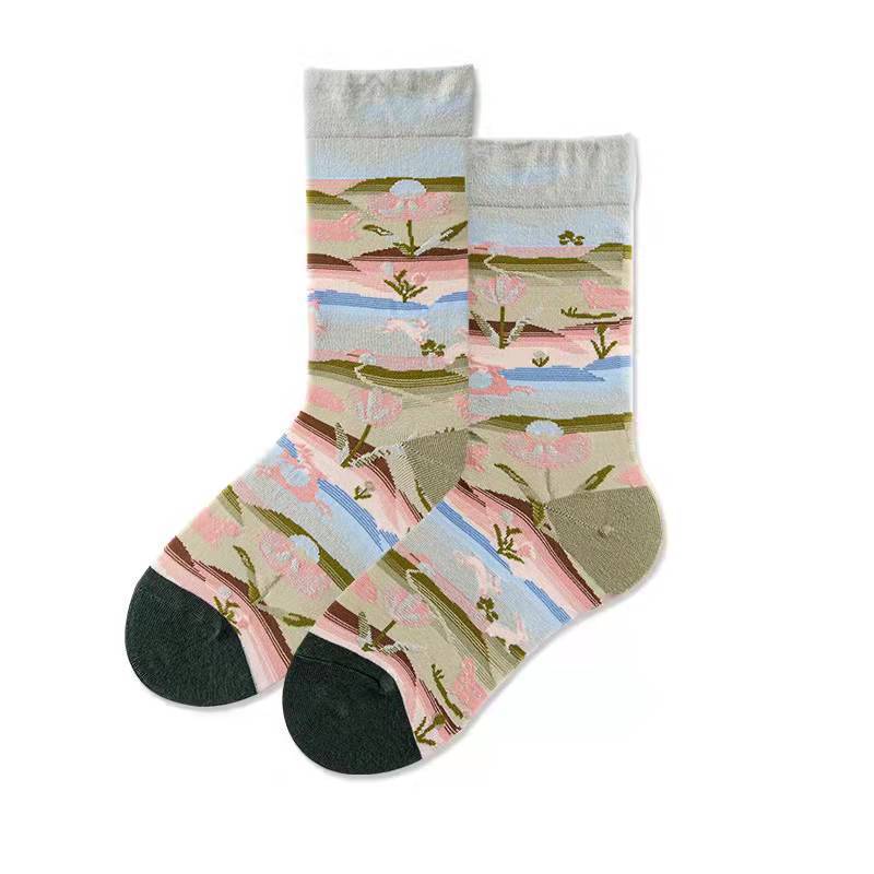 Trendy Mid-calf Length Socks Preppy Style Stockings Artistic Illustration Socks