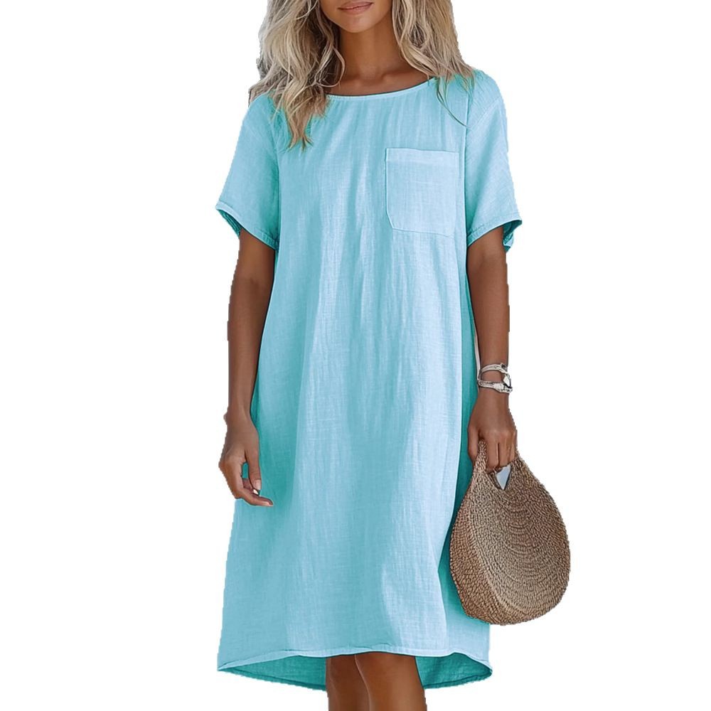 New Womens Casual Solid-color Multi-color Short-sleeve Crew-neck Pocket Dress