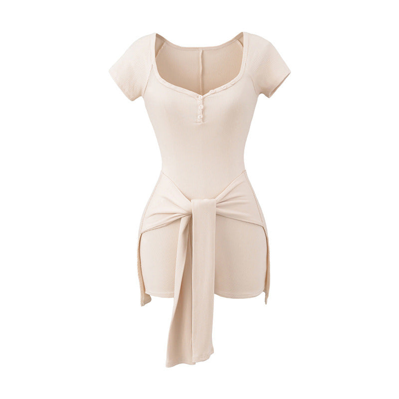 European And American Style Design Sense Peach Collar Waist Tied Jumpsuit