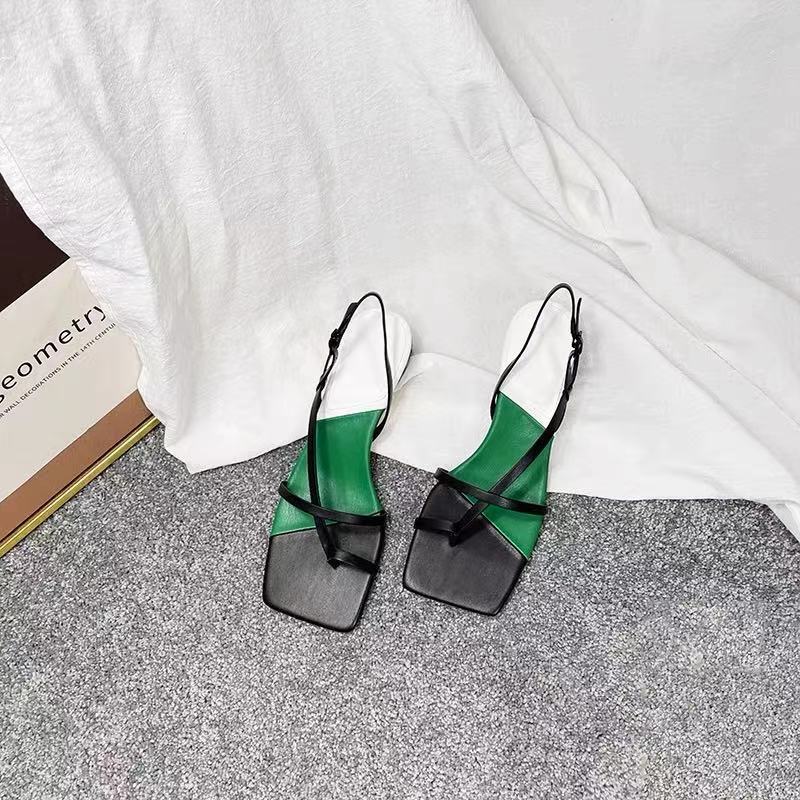 Printed Color-blocking Square Toe Flip-flop Mid-heel Fairy Style Back Strap High Heels