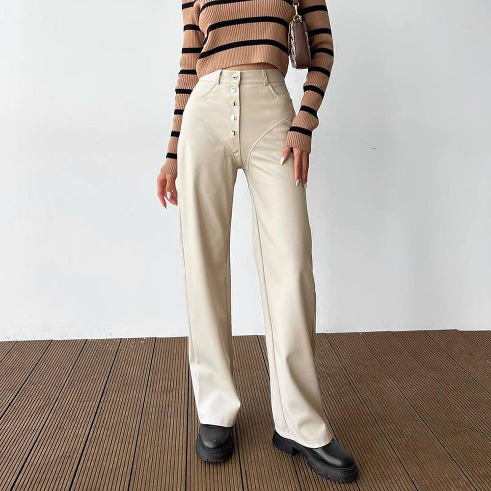 Autumn And Winter High Waist Leather Stitching Length Women's Casual Pants