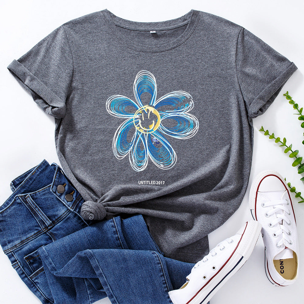 European And American Cotton Loose Round Neck Creative Flower Short Sleeve