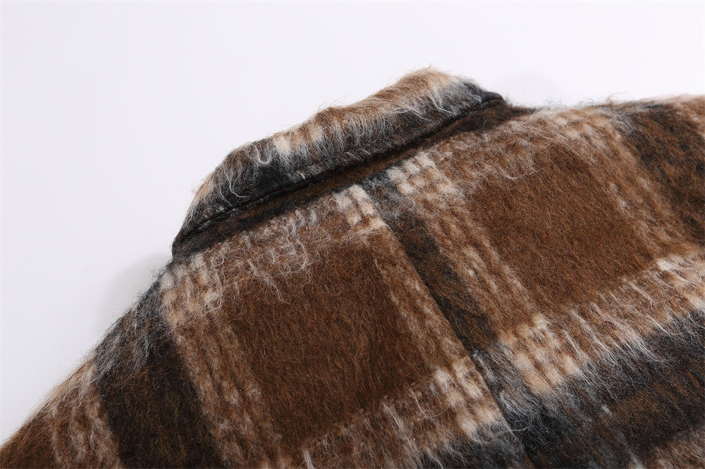 Plaid Woolen Men's Winter Cotton Padded Lapel Loose Mid-length Overknee Coat
