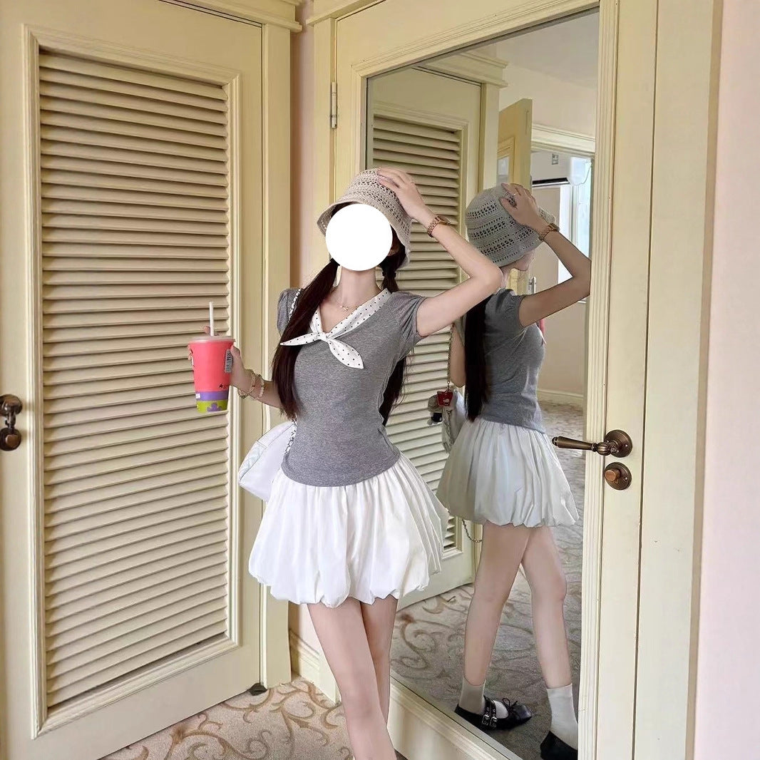 Korean Style Polka Dot Bow Slim Fit Slimming Short Sleeve