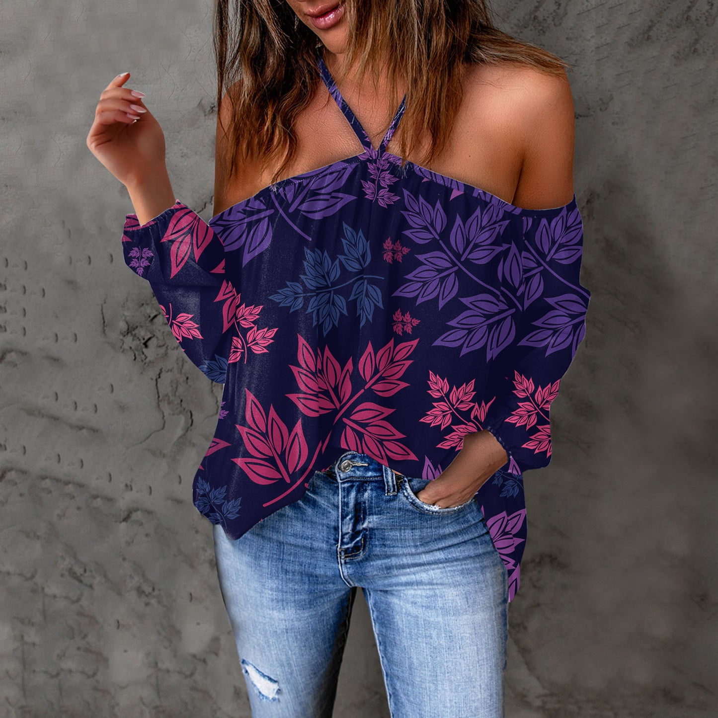 Long-Sleeve Top Arrival Loose T-Shirt With A Strappy Neck Design And Print Pattern