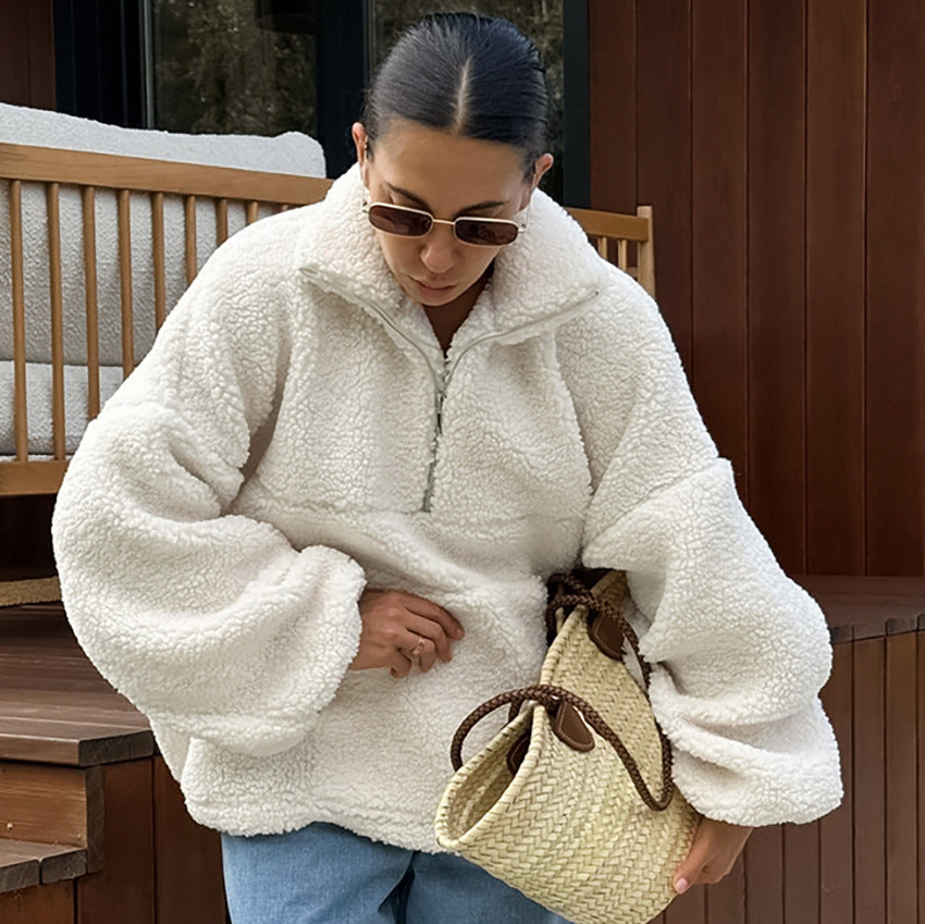 Stand Collar Beige Fleece Sweatshirt