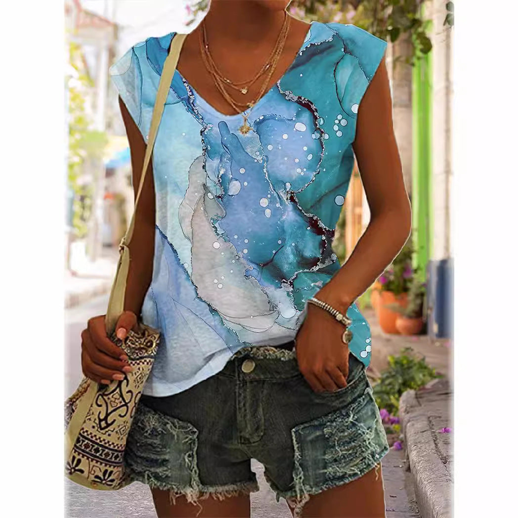 3D Digital Printing Basic Sleeveless V-neck Women's Vest Short Top