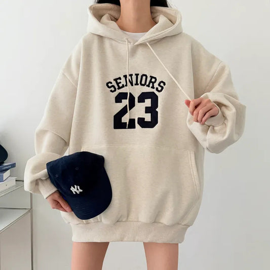 Hættetrøje med broderi til efterår og vinter, tynd fløjlsforet løs sweatshirt i afslappet stil