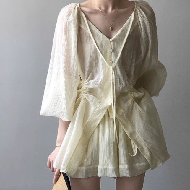 Korean-style V-neck Lace-up Shirt And Wide-leg Shorts Two-piece Set For Women