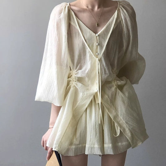 Korean-style V-neck Lace-up Shirt And Wide-leg Shorts Two-piece Set For Women