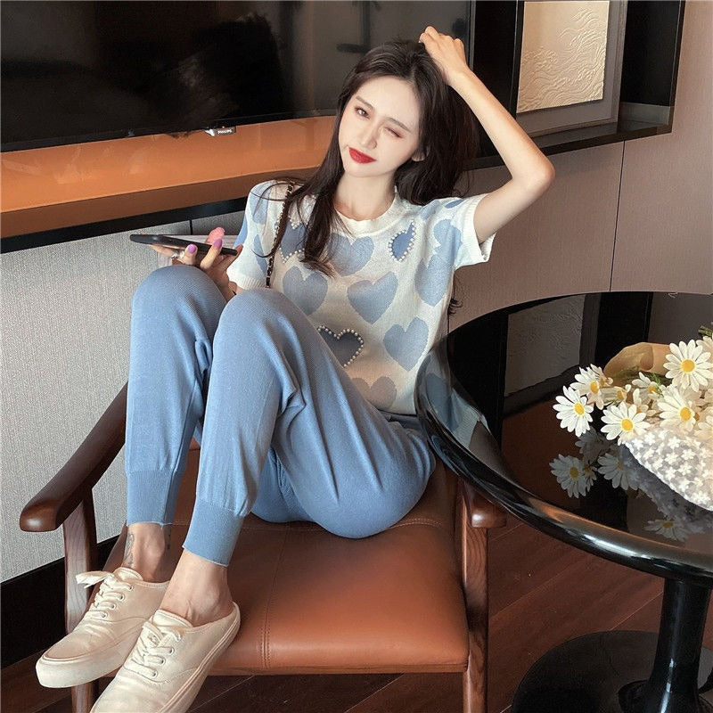 Women's Summer Loose Heart Jacquard Beaded Knitted T-shirt Short Sleeve