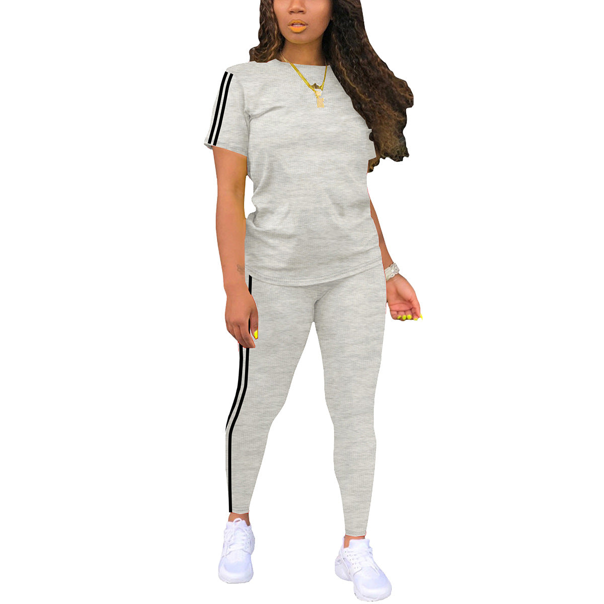 Round Neck Short-sleeved Top With Trousers Suit Side Stickers Women's Two-piece Suit