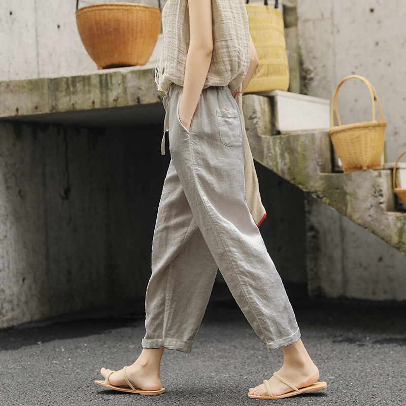 Cropped Pants Loose Anti-cotton Linen Elastic-waist Wide-leg Pants Retro Art And Versatile Casual Pants