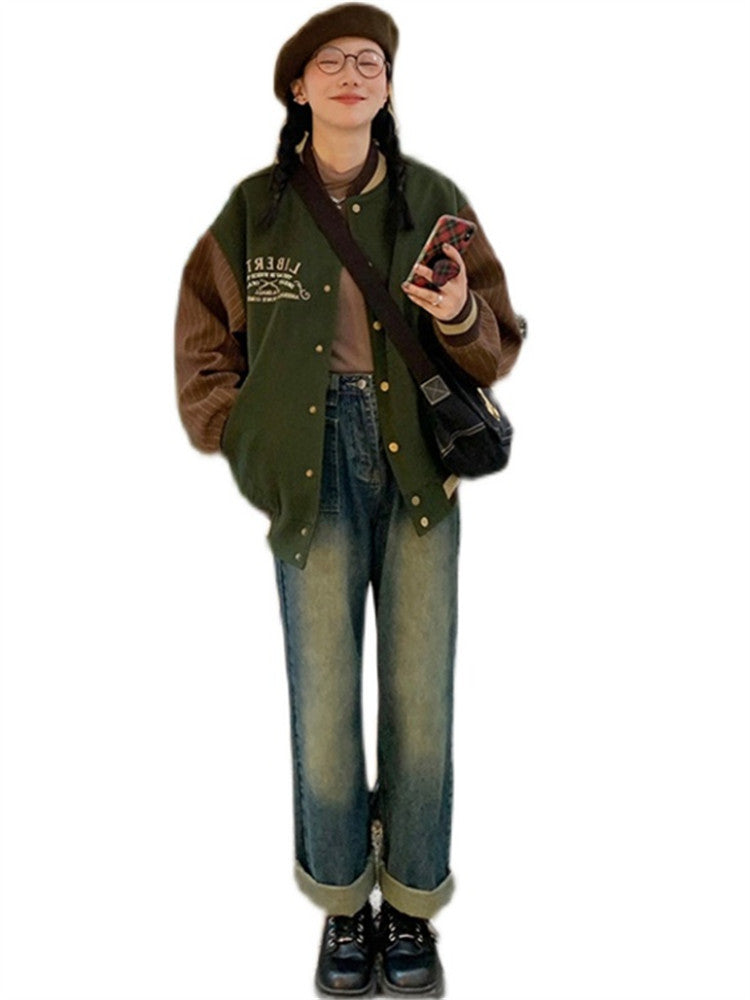 Thickened Quilted Women's All-match Green Retro Baseball Uniform