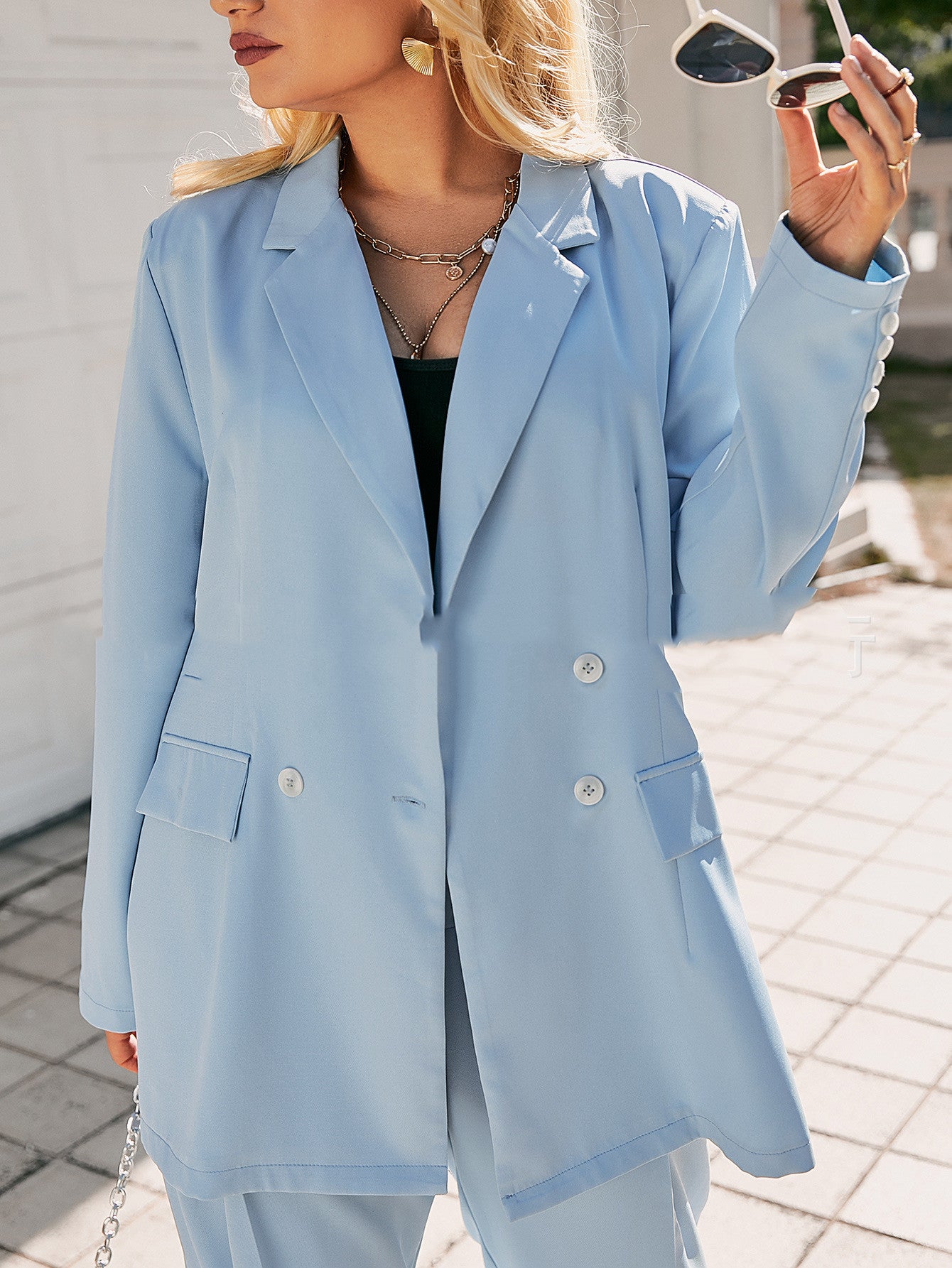 Blue Temperament Commuter Suit Collar Solid Color Waist Jacket
