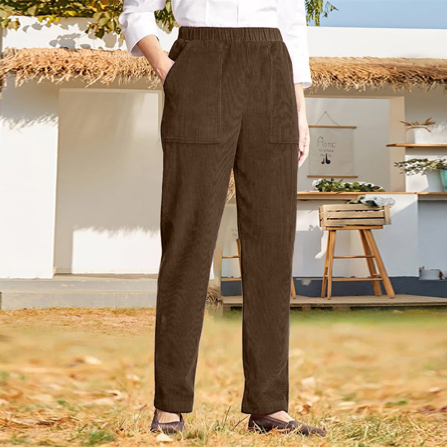 Women's Pure Color Elastic Waist Striped Straight Casual Pants