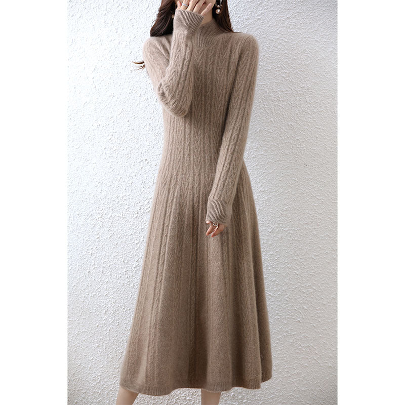 Base Skirt Paired With A Dress Featuring A High-neck Design And A Length Below The Knee