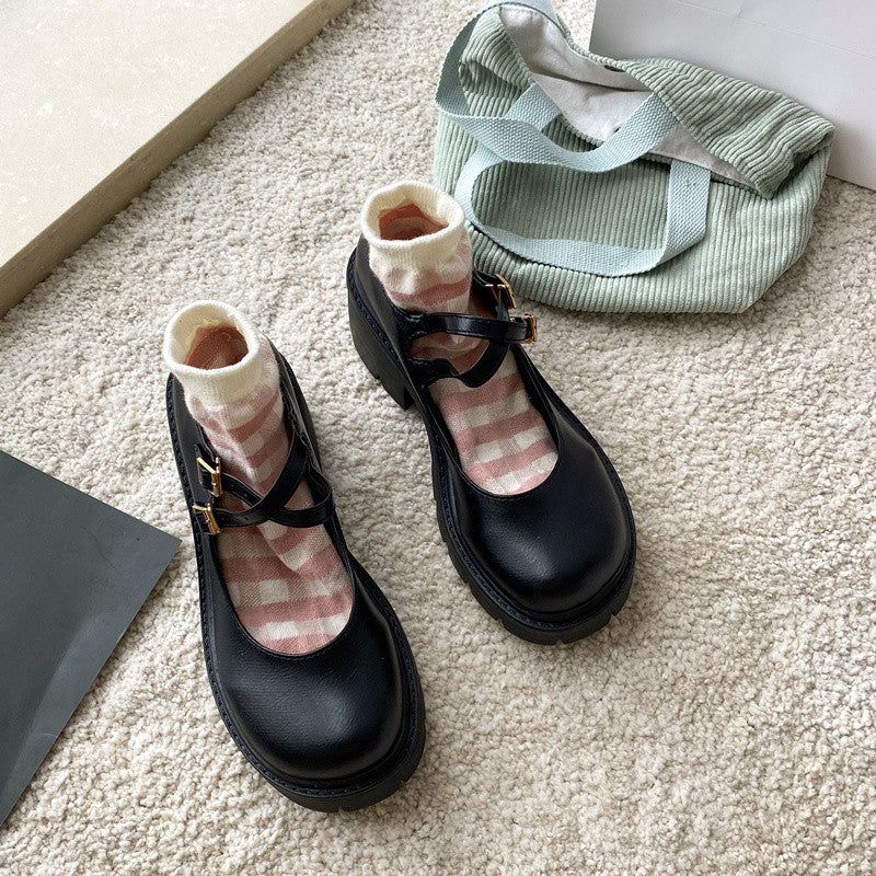 Forår Retro Chunky Hæl Plateau Lædersko