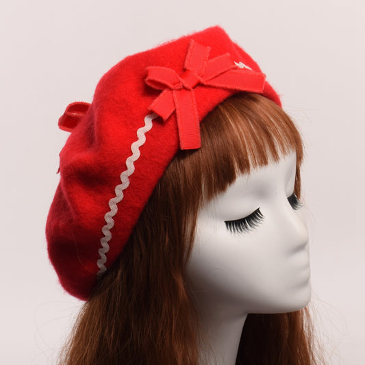Fashion Japanese JK Lolita Wavy Bow Furball Beret