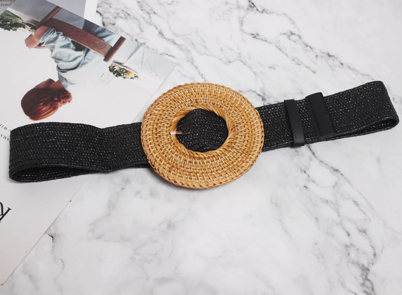 Versatile Oversized Round Buckle Straw  Elastic Belt