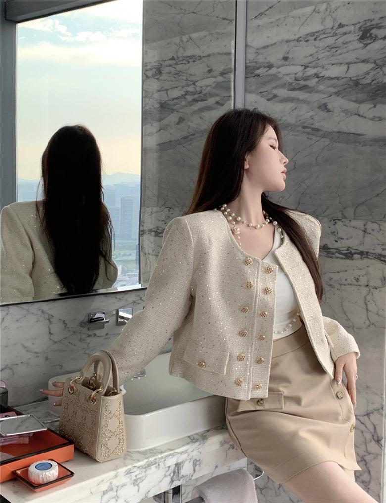 Sequin Crew Neck Wool Cropped Jacket
