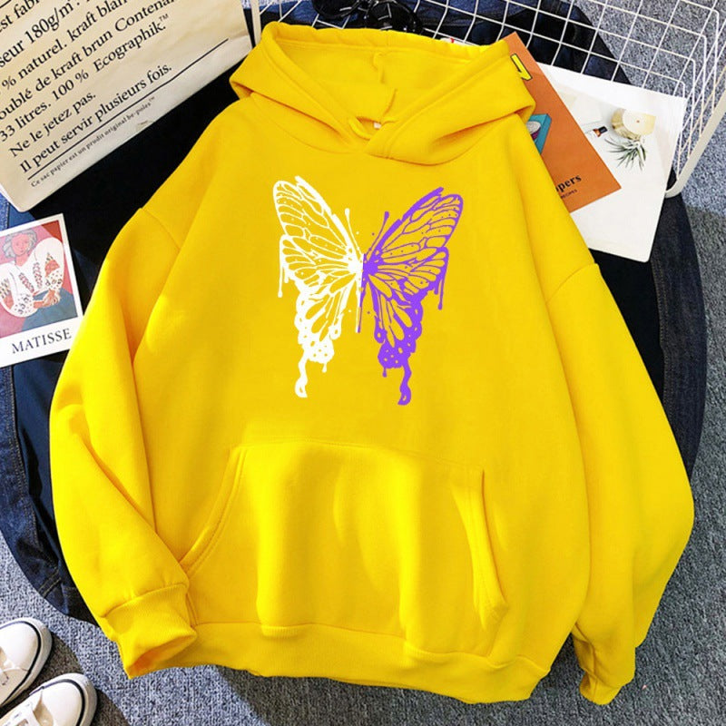 White And Purple Butterfly Pattern Hoodie