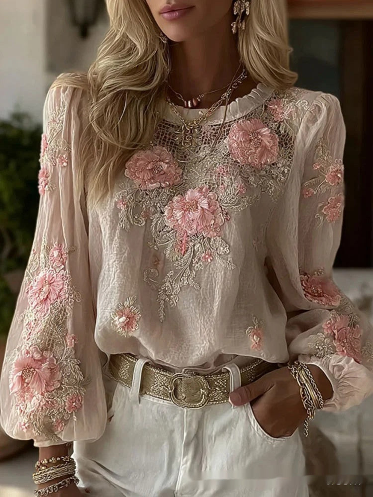 Retro Boheme Løs Linnedtop Med Roser