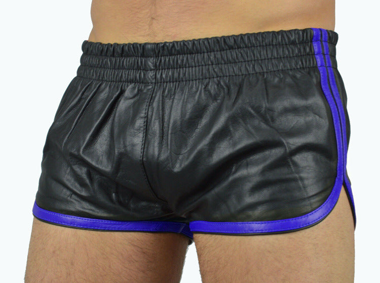 European And American Trend Men's Contrasting Color Hemming PU Leather Shorts