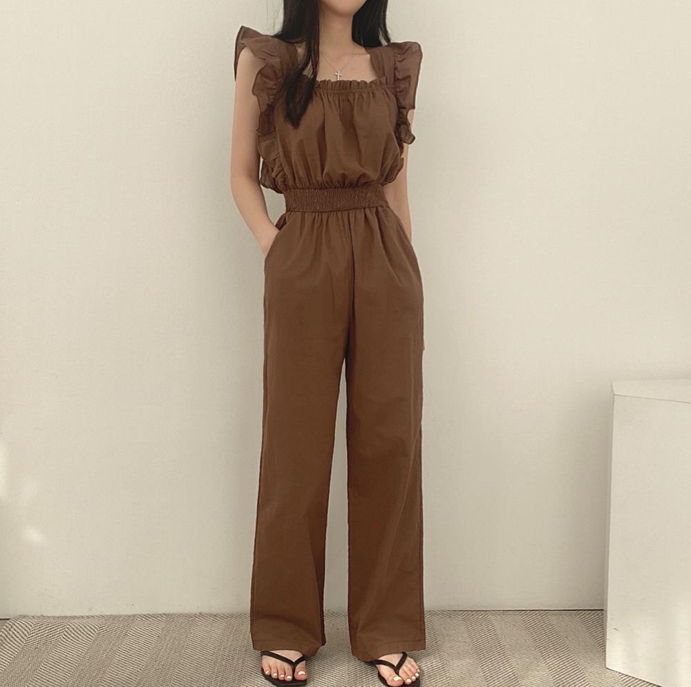 Fransk Retro Jumpsuit Med Firkantet Halsudskæring, Flæser, Flæseærmer, Elastik I Taljen Og Højtaljede Vide Ben Til Kvinder