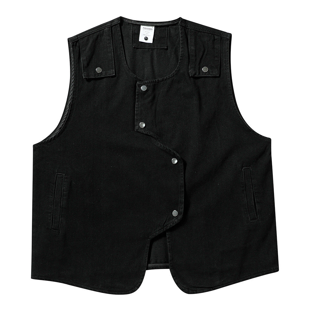American Irregular Denim Black Men's Loose Casual Vest Summer Design Jacket