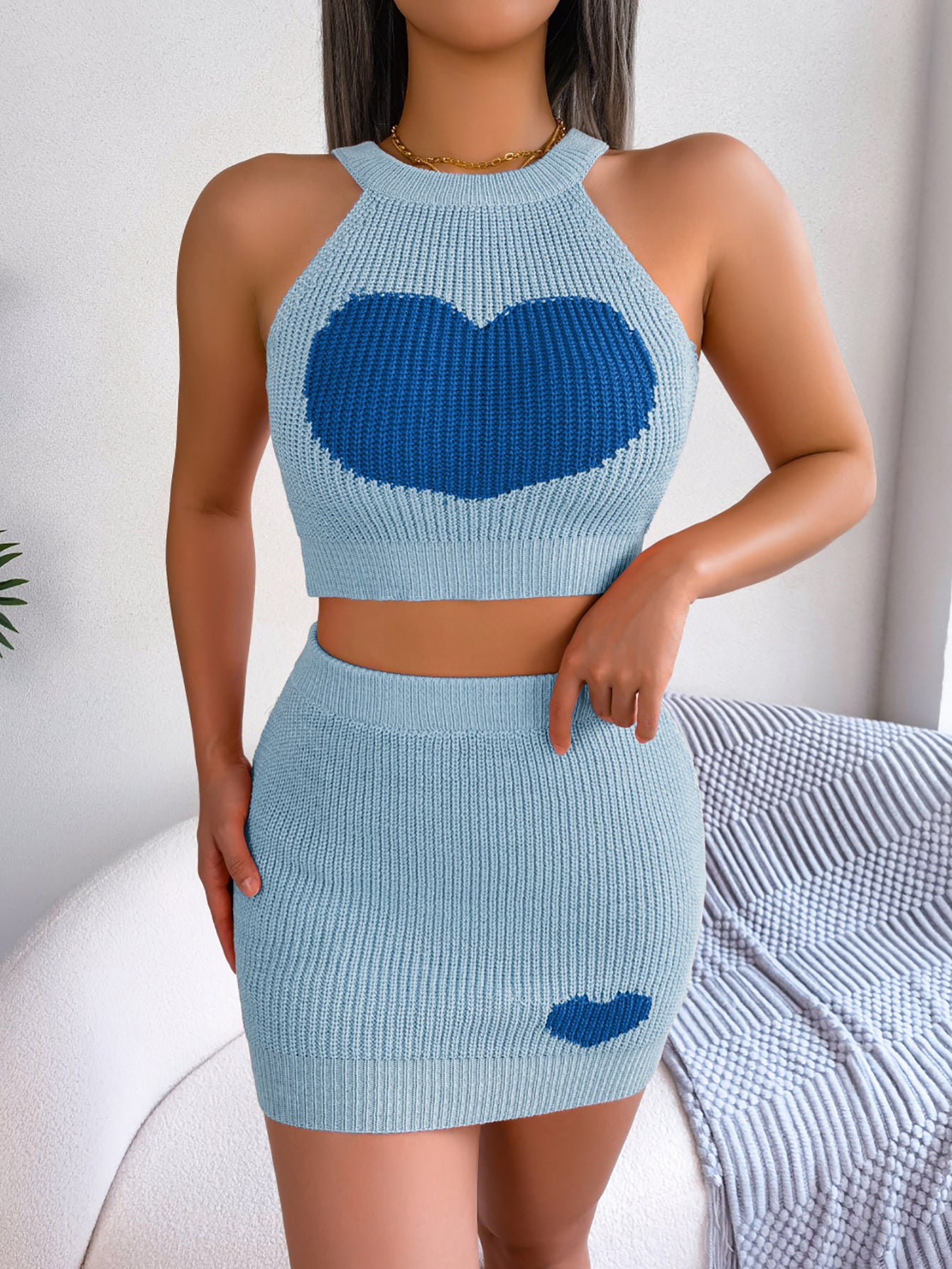 Women  Casual Color Block Heart Cropped Top & Bodycon Skirt Knit Set