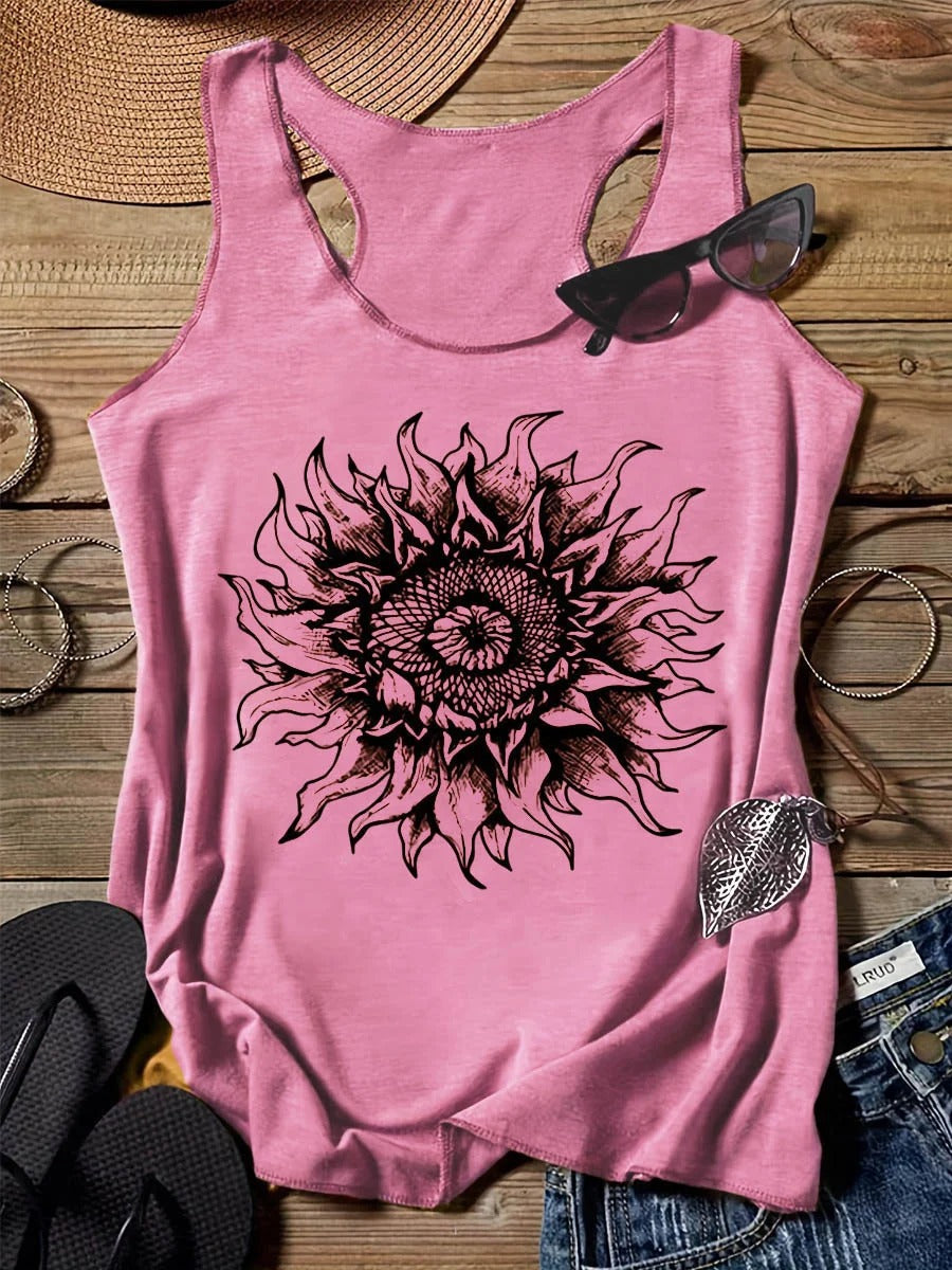 202 Casual Round Neck Narrow Edge Top Loose Sports Pattern Digital Printing Vest Women's Clothing