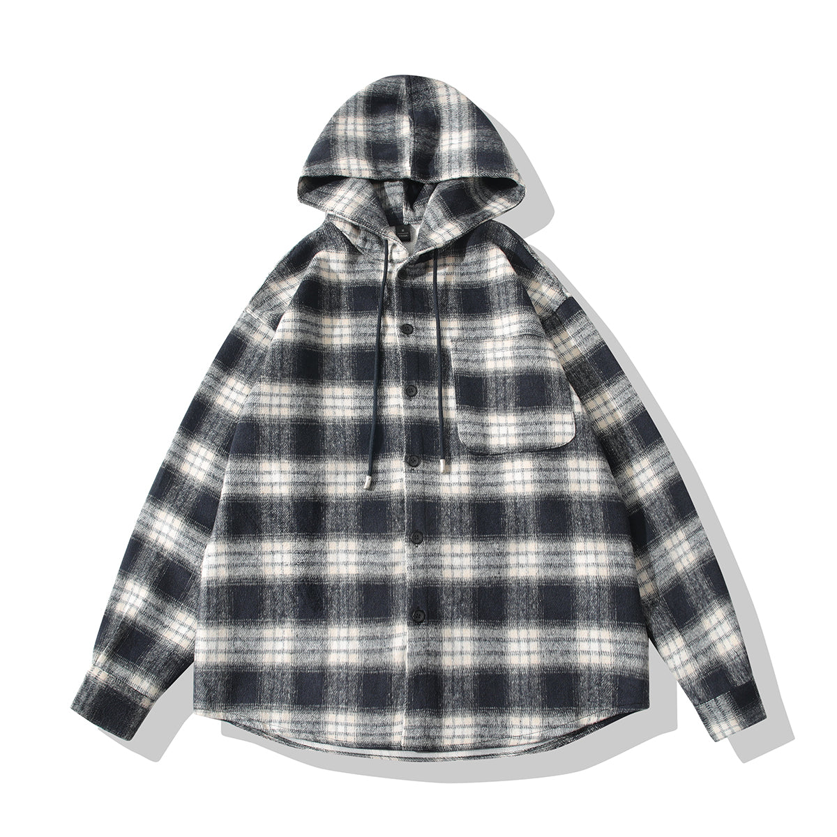 Plaid Hooded Shirt Coat Loose Mid-length Casual Top