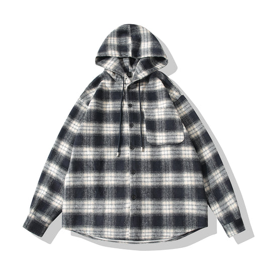 Plaid Hooded Shirt Coat Loose Mid-length Casual Top