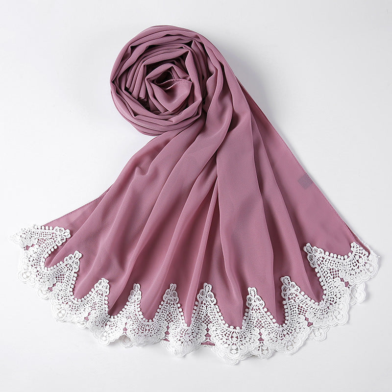 Nyt Perle Chiffon Tørklæde Malaysia Mode Syning Knipling Tørklæde