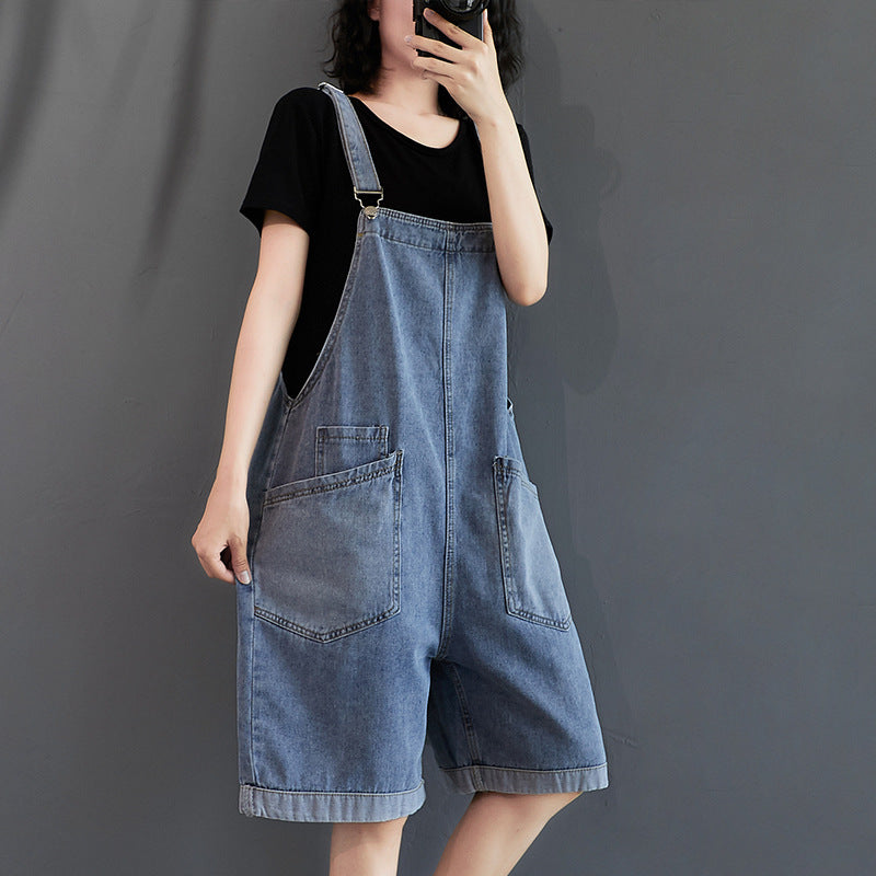 Women's Retro Denim Five Pants Loose Overalls Shorts