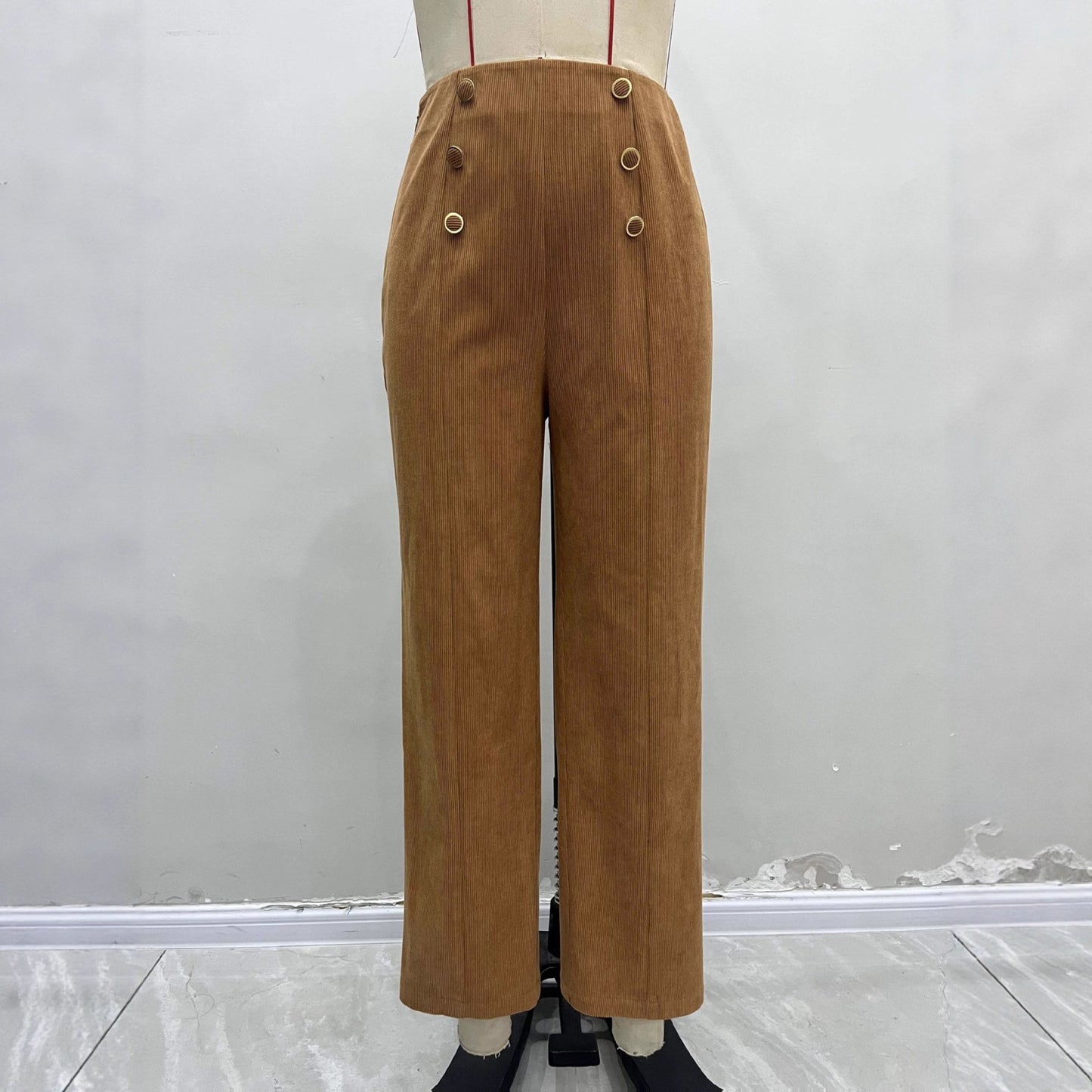 Women's Pit-stripe Buttoned Slim-fit Straight-leg Trousers